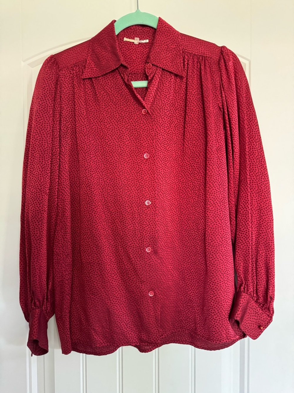 Vtg Saint Laurent Rive Gauche Silk Satin Red Black Polka Dot Collared Blouse 34